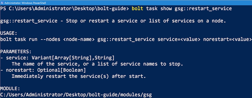 Output of bolt task show for the restart_service task
