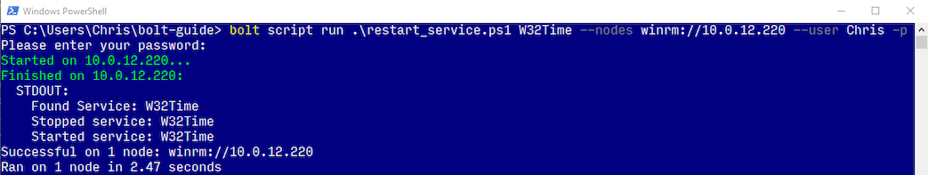 Output of running the restart_service.ps1 script with Bolt