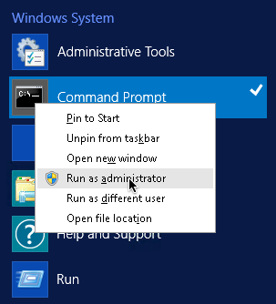 The right click menu, with run as administrator highlighted